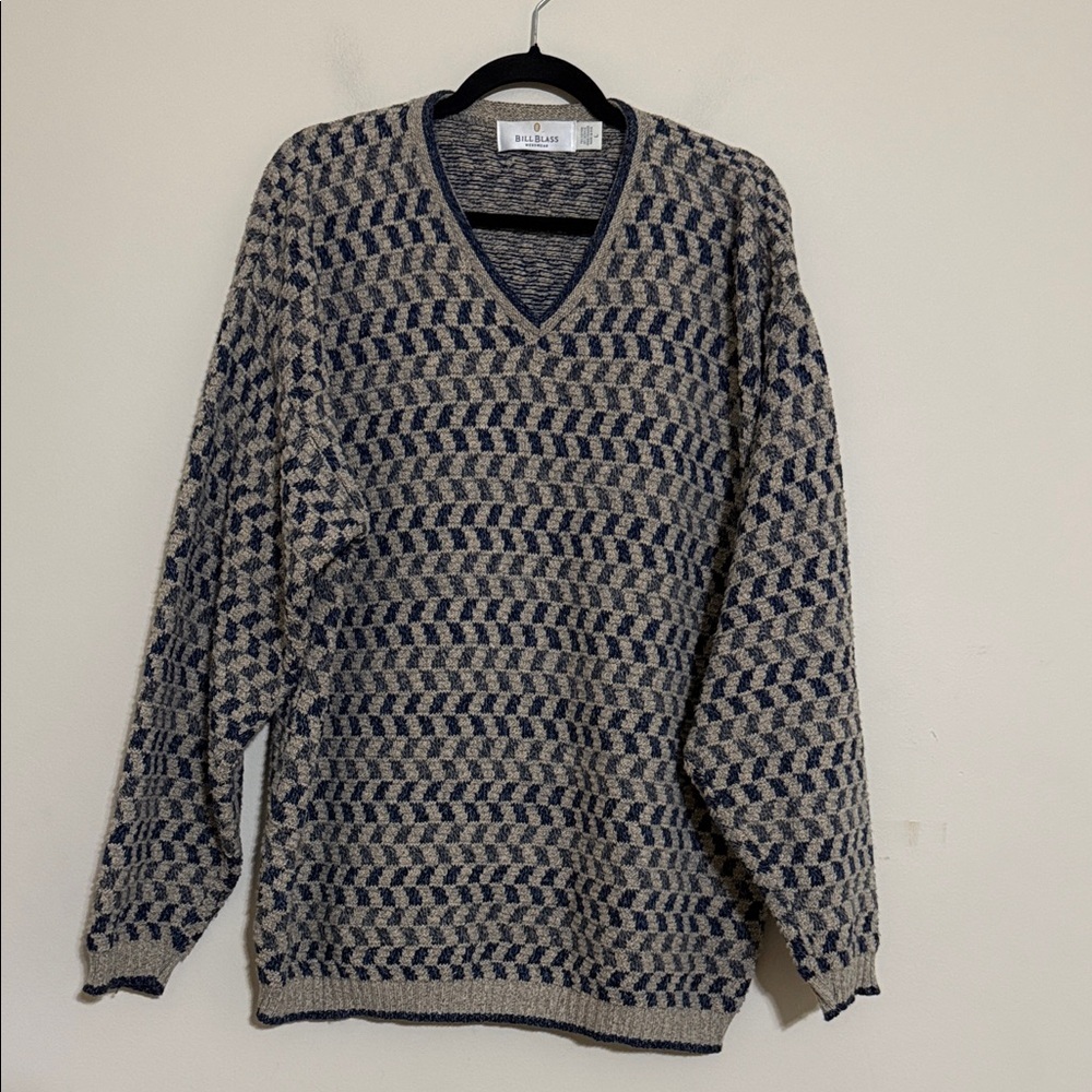 Vintage Bill Blass V-Neck knit Sweater Blue Gray checkered men L grandpa Y2K